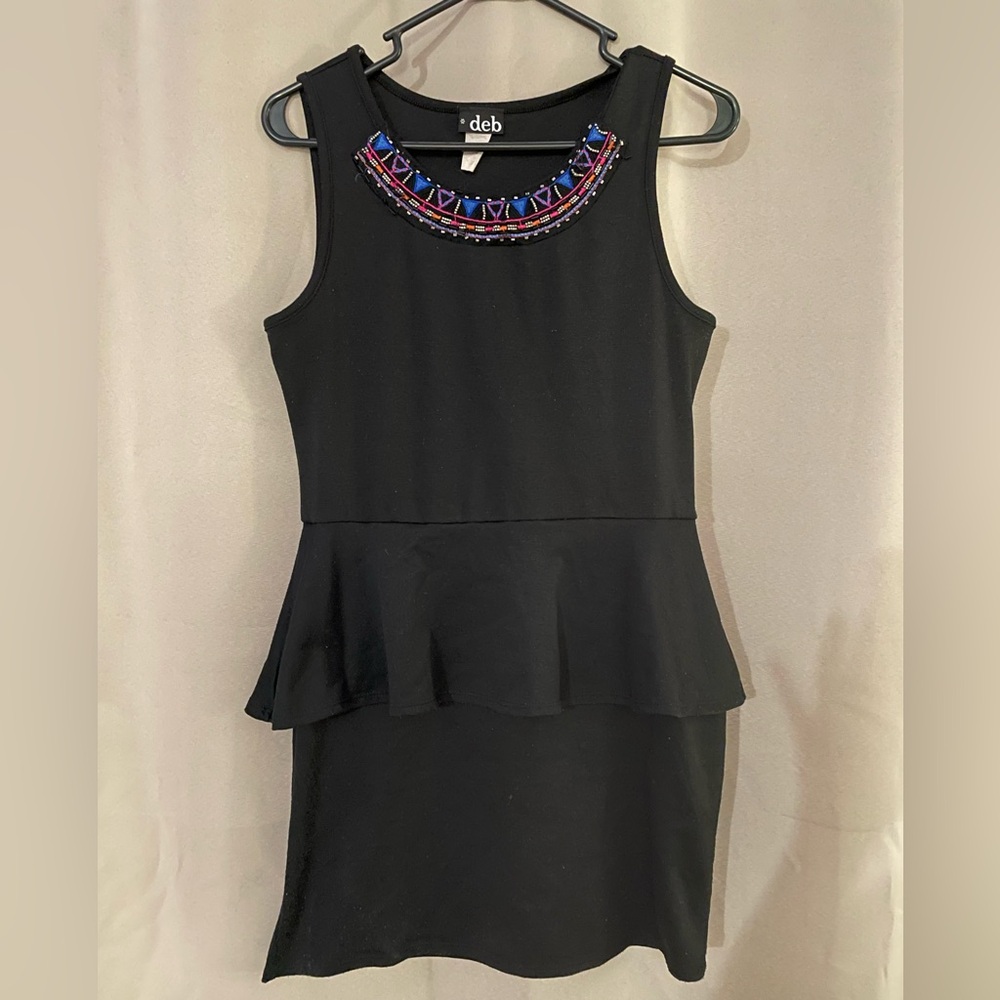 Black Mini Peplum Going Out Dress with Beaded Tribal Neckline